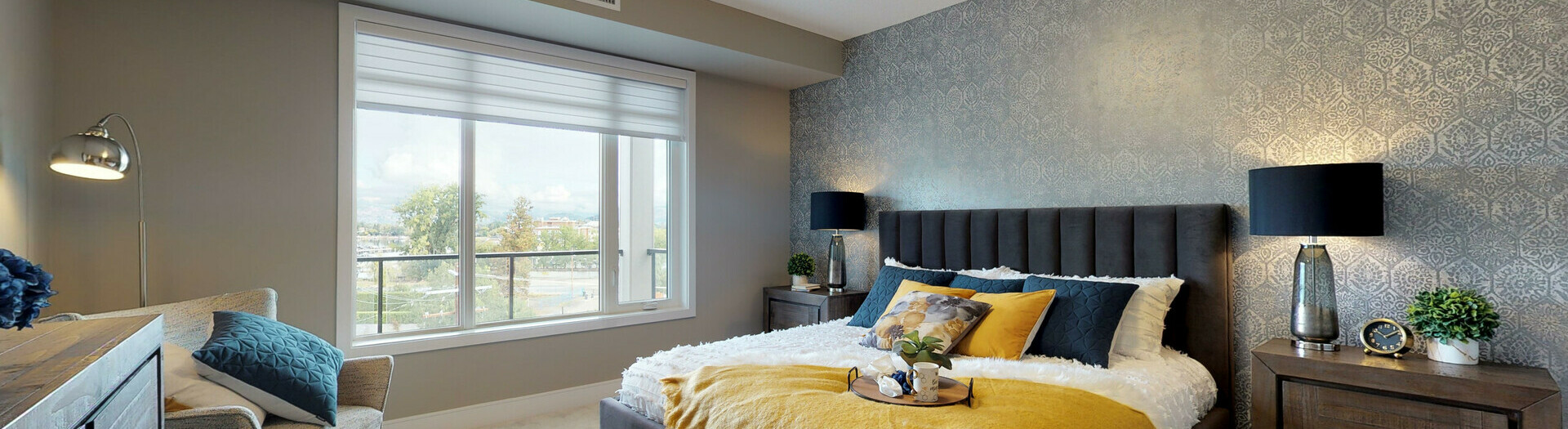 Master Bedroom in the Zephyr showsuite in the Essence Condo building in Mission Creek, Kelowna, British Columbia. 