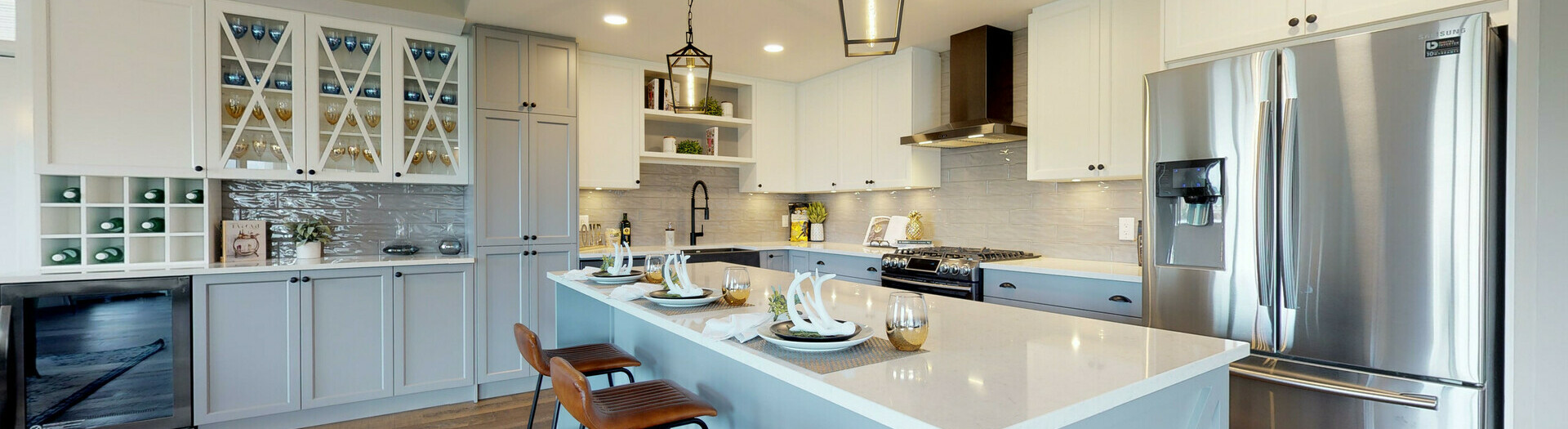 Kitchen in the Zephyr showsuite in the Essence Condo building in Mission Creek, Kelowna, British Columbia. 